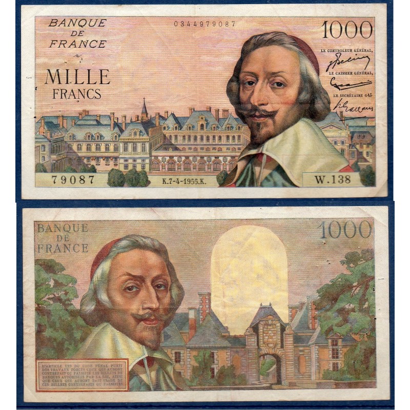 1000 Francs Richelieu TB+ 7.4.1955 Billet de la banque de France