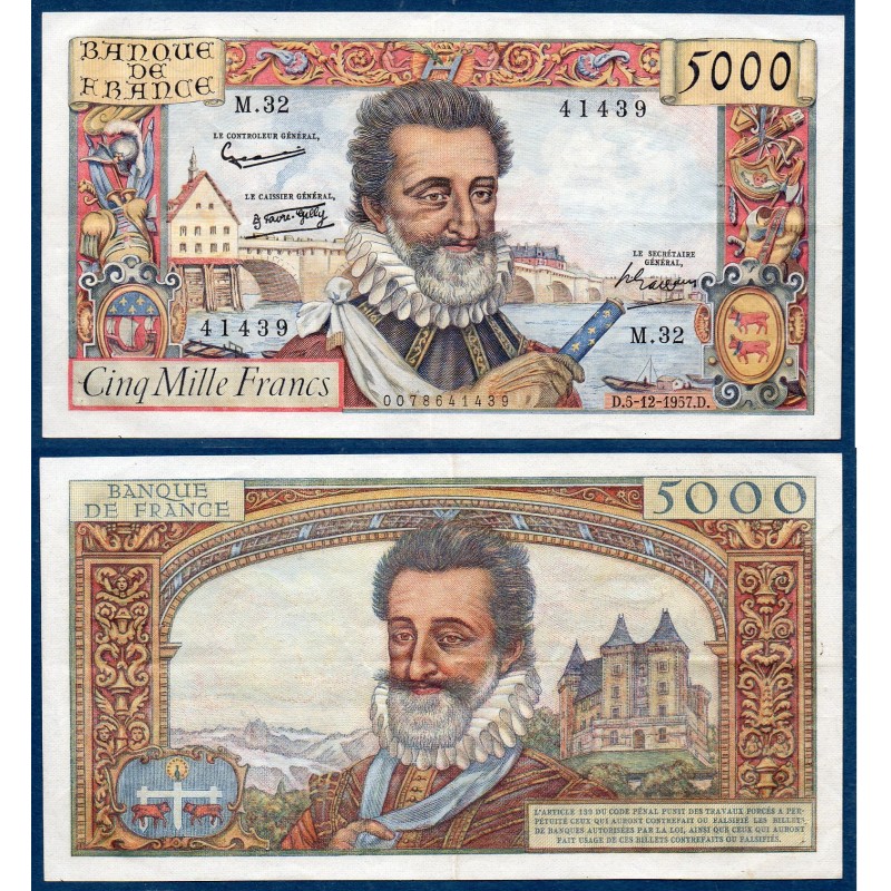 5000 Francs Henri IV TTB+ 5.12.1957 Billet de la banque de France