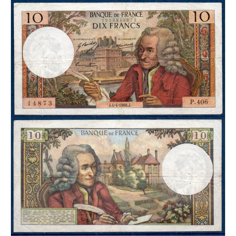 10 Francs Voltaire TB 4.4.1968 Billet de la banque de France