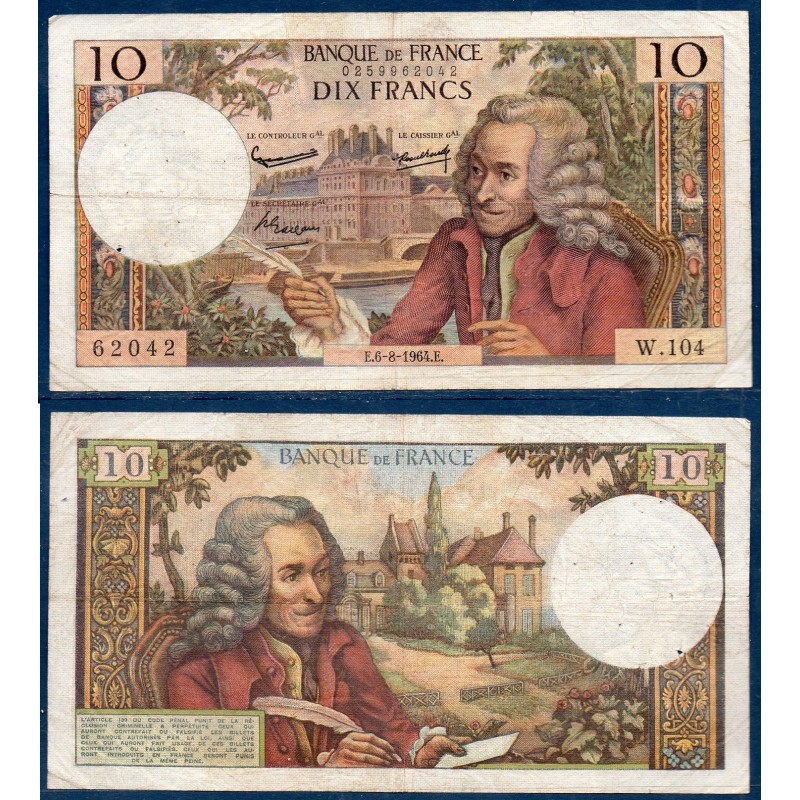 10 Francs Voltaire TB- 6.8.1964 Billet de la banque de France