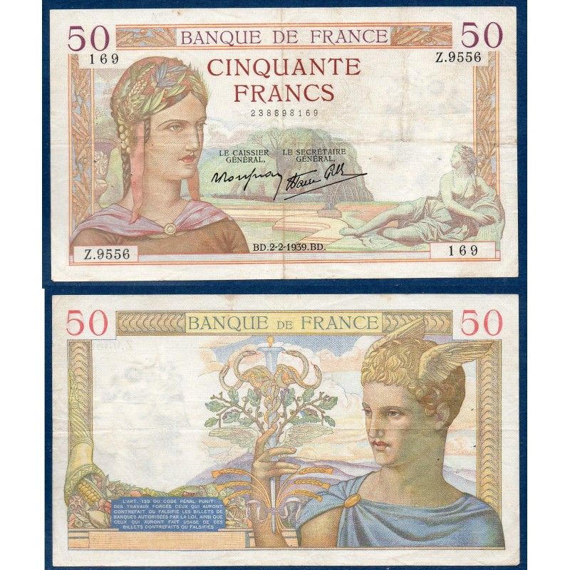 50 Francs Cérès TB 2.2.1939 Billet de la banque de France