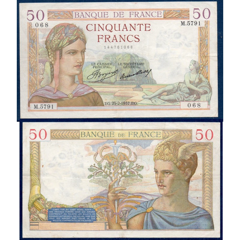 50 Francs Cérès TTB- 25.2.1937 Billet de la banque de France