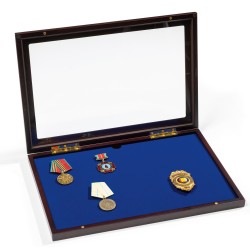 Vitrine d'exposition pour médailles et décorations militaires, velours bleu