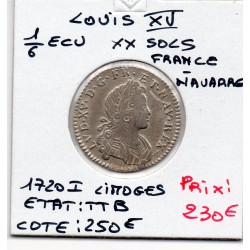 1/6 Ecu ou 20 sols France Navarre 1720 I Limoges Louis XV pièce de monnaie royale