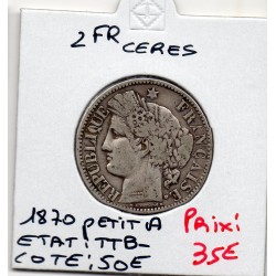 2 Francs Cérès 1870 Avec légende Petit A TTB-, France pièce de monnaie