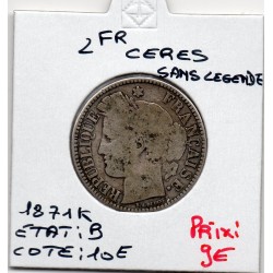 2 Francs Cérès 1871 sans légende K B, France pièce de monnaie