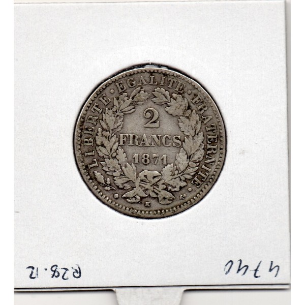 2 Francs Cérès 1871 Avec légende Petit K TTB-, France pièce de monnaie