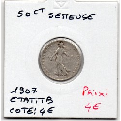 50 centimes Semeuse Argent 1907 TB, France pièce de monnaie