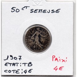 50 centimes Semeuse Argent 1907 TB, France pièce de monnaie