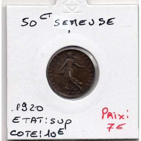 50 centimes Semeuse Argent 1920 Sup, France pièce de monnaie