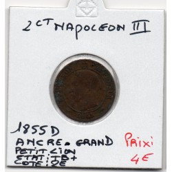 2 centimes Napoléon III tête nue 1855 grand D Ancre petit Lion TB+, France pièce de monnaie