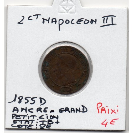 2 centimes Napoléon III tête nue 1855 grand D Ancre petit Lion TB+, France pièce de monnaie