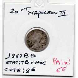 20 centimes Napoléon III tête laurée 1867 BB Strasbourg TB choc , France pièce de monnaie