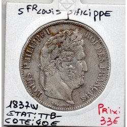 5 francs Louis Philippe 1837 W Lille TTB-, France pièce de monnaie