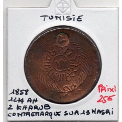 Tunisie 2 kharub contremarqué sur 13 Nasri 1274 AH - 1858 TB, KM 116.1 pièce de monnaie