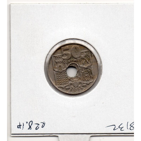 Espagne 50 centimos 1949 TTB trou décentré, KM 777 pièce de monnaie