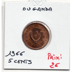Ouganda 5 cents 1966 Spl, KM 1 pièce de monnaie