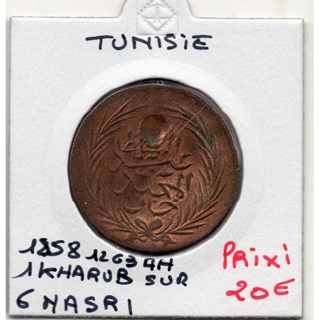 Tunisie 1 kharub contremarqué sur 6 Nasri 1263 AH - 1858 TTB, KM 105 pièce de monnaie