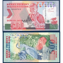 Madagascar P.72Ab, Neuf, Billet 2500 Francs - 500 ariary 1993 Héron