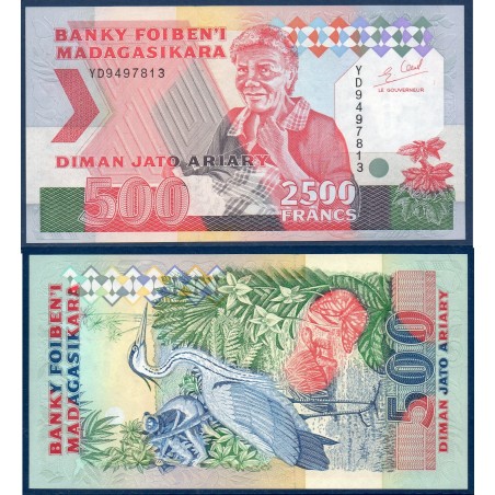 Madagascar P.72Ab, Neuf, Billet 2500 Francs - 500 ariary 1993 Héron