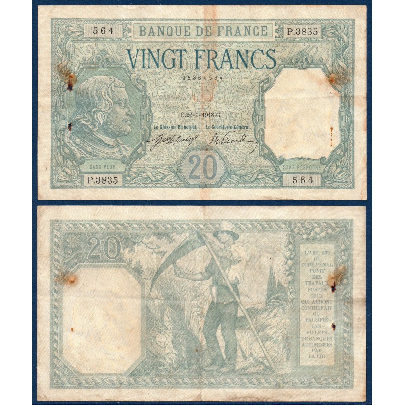 20 Francs Bayard TB+ 26.1.1918 Billet de la banque de France