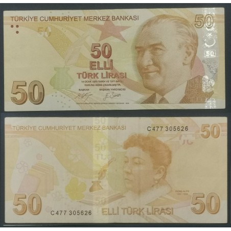Turquie P.225c, TTB Billet de 50 Lira 2009 Fatma Aliye