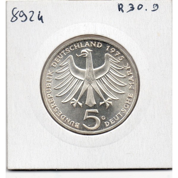 Allemagne RFA 5 deutsche mark 1975 G, Spl KM 143 Schweitzer pièce de monnaie