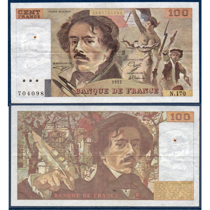 100 Francs Delacroix TB+ 1991 Billet de la banque de France