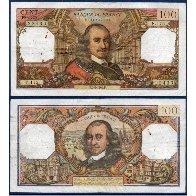 100 Francs Corneille TB+  2.6.1966 Billet de la banque de France