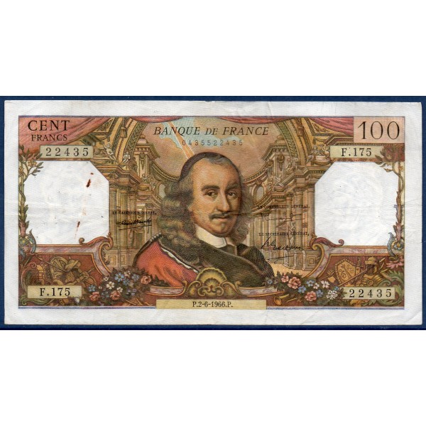 100 Francs Corneille TB+  2.6.1966 Billet de la banque de France