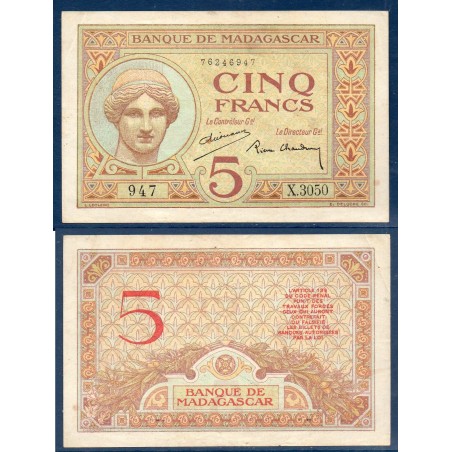Madagascar P.35, TTB+, Billet de 5 Francs 1937 Junon