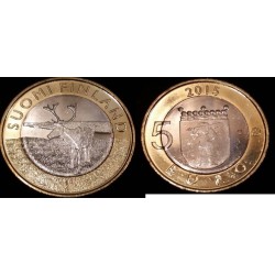 5 euros Finlande 2015, Faune Laponie, le renne pièce de monnaie