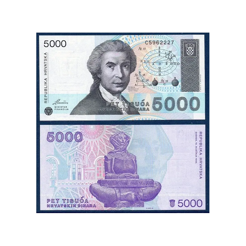 5000 Franc Suisse Brut En Net Croatie Pick N°24a, Billet de banque de 5000 Dinara 1992 - Issoire