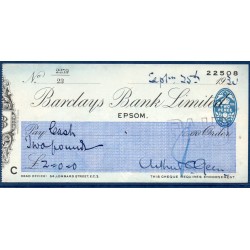 Chèque de banque de la Barclays Bank de 2 livres 1930