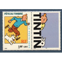 Timbre Yvert France No 3303b Journée du timbre Tintin, issu de carnet avec vignette