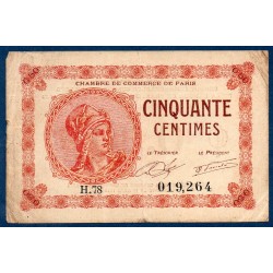 Paris 50 centimes TB+ 10 mars 1920 Billet de la chambre de commerce