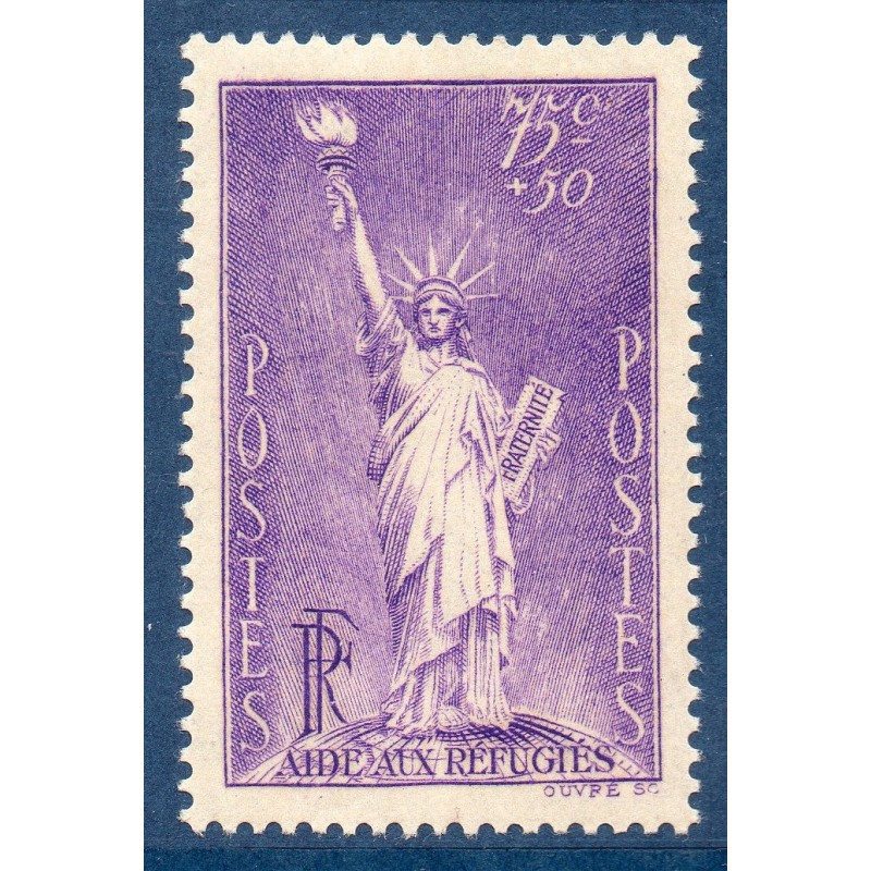 Timbre France Yvert No 309 Réfugiés politiques statue de la liberté neuf ** Issoire philatelie