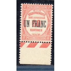 Timbre France Taxes Yvert 63 Type Recouvrement un franc sur 60c rouge neuf **