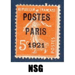 Timbre France Préoblitérés Yvert 27 semeuse poste Paris 1921 5c orange neuf sans gomme