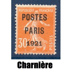 Timbre France Préoblitérés Yvert 29 semeuse poste Paris 1921 30c orange neuf * avec charnière