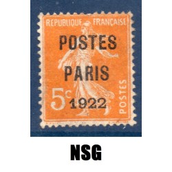 Timbre France Préoblitérés Yvert 30 semeuse poste Paris 1922 5c orange neuf sans gomme