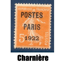 Timbre France Préoblitérés Yvert 30 semeuse poste Paris 1922 5c orange neuf * avec charnière