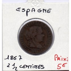 Espagne 2 1/2 centimos 1867 TB+, KM 634 pièce de monnaie