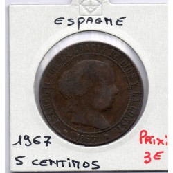 Espagne 5 centimos 1867 B+, KM 635 pièce de monnaie
