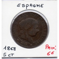 Espagne 5 centimos 1868 étoile 7 branches TB+, KM 635 pièce de monnaie