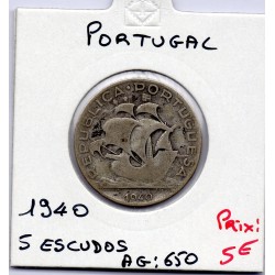 Portugal 5 escudos 1940 TB, KM 581 pièce de monnaie