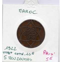 Maroc 5 Mouzounas 1330 AH -1922 Paris TTB+, Lec 65 pièce de monnaie