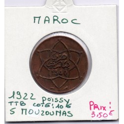 Maroc 5 Mouzounas 1340 AH -1922 Poissy TTB, Lec 69 pièce de monnaie