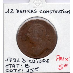 12 denier Constitution Louis XVI 1792 D Lyon B, France pièce de monnaie