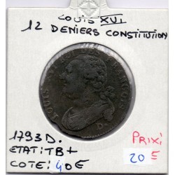 12 denier Constitution Louis XVI 1793 D. Dijon TB+, France pièce de monnaie